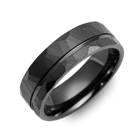 Men's Off Center Hammer Black Ceramic Wedding Ring
