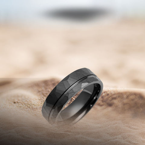 Men's Off Center Hammer Black Ceramic Wedding Ring