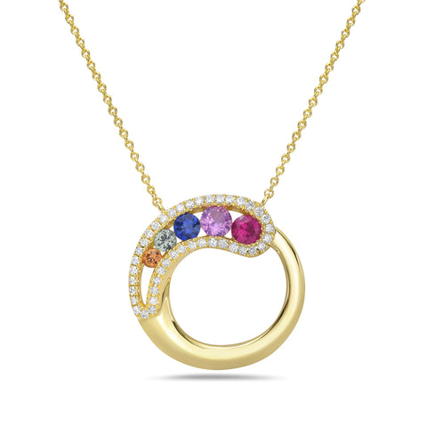 14kt Yellow Gold Rainbow Sapphires and Diamond Circle Necklace