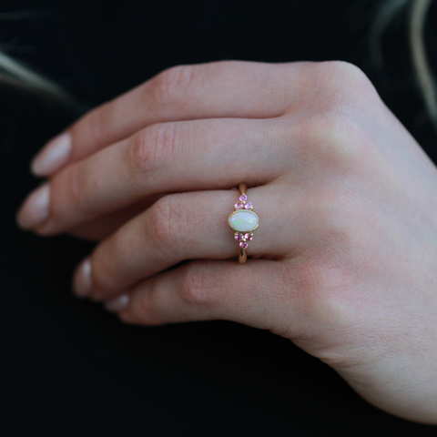 10kt Yellow Gold White Opal And Pink Tourmaline Ring