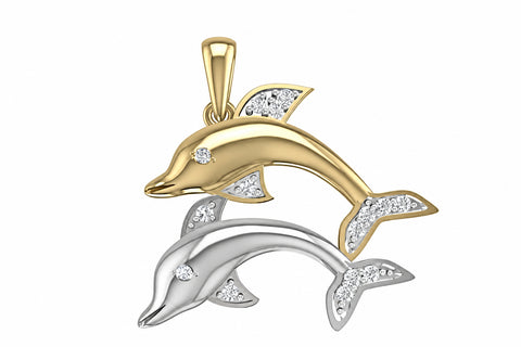 10kt Two-tone Gold Double Dolphin Diamond Pendant