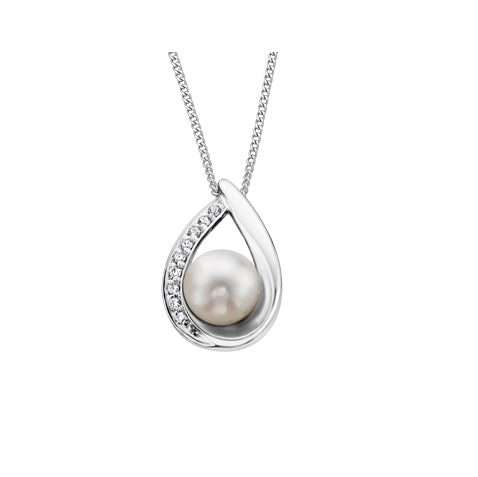 10kt White Gold Drop Design Pearl and Diamond Pendant