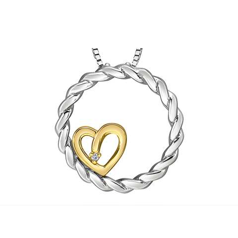 Sterling Silver and 10kt Yellow Gold Circle and Heart Diamond Pendant