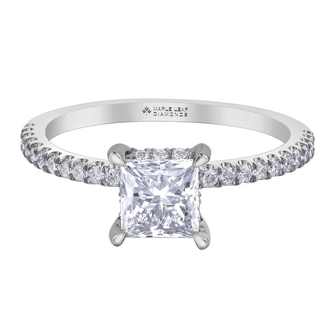 14kt White Gold 1.30cttw Princess Cut Canadian Diamond Center Secret Halo Engagement Ring