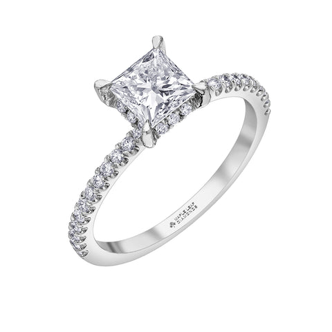 14kt White Gold 1.30cttw Princess Cut Canadian Diamond Center Secret Halo Engagement Ring