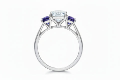 14kt White Gold Canadian Diamond and Tanzanites Three Stone Ring