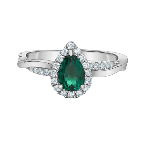 10kt White Gold Lab-Grown Emerald and Diamond Halo Ring