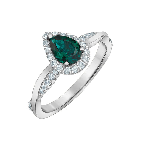 10kt White Gold Lab-Grown Emerald and Diamond Halo Ring