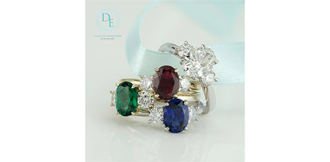 10kt Yellow Gold Oval Lab-Grown Ruby and Diamond Three Stone Ring