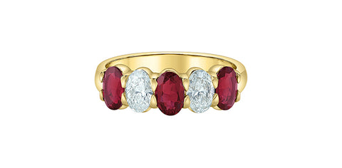 10kt Yellow Gold Oval Lab-Grown Ruby and Diamond Five Stone Ring