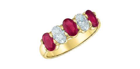 10kt Yellow Gold Oval Lab-Grown Ruby and Diamond Five Stone Ring