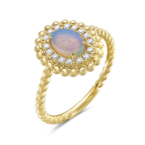 14kt Yellow Gold Diamond and Oval Opal Halo Ring