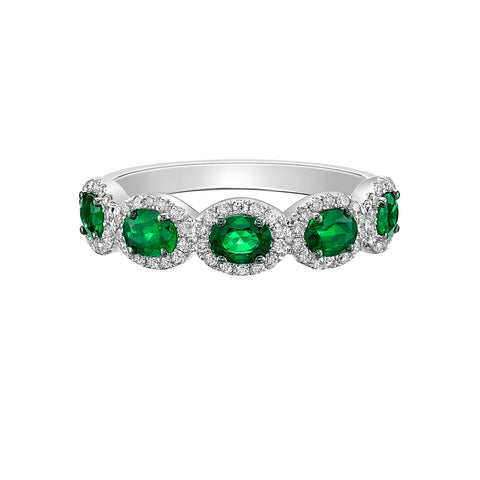 14kt White Gold Emerald Ring with Diamond Halo's