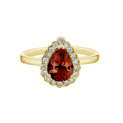 10kt Yellow Gold Garnet Pear Cut with Diamond Halo Ring