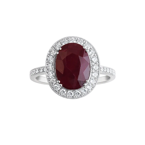 18kt White Gold 6.95ct Red Natural Ruby and 1.54cttw Diamond Halo Ring