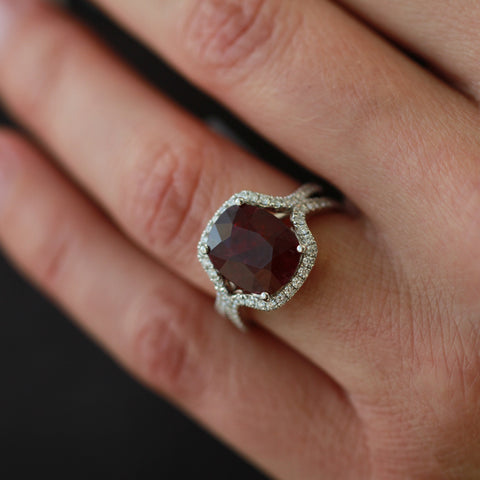 18kt White Gold Dark Red Natural Ruby and Diamond Halo Ring