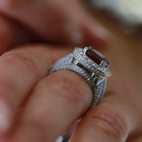 18kt White Gold 6.95ct Red Natural Ruby and 1.54cttw Diamond Halo Ring