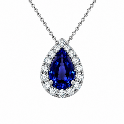 18kt White Gold Pear Tanzanite And Diamond Halo Pendant