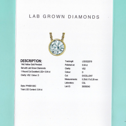 14kt Yellow Gold 0.54ct Round Bezel Setting Lab-Grown Diamond Pendant