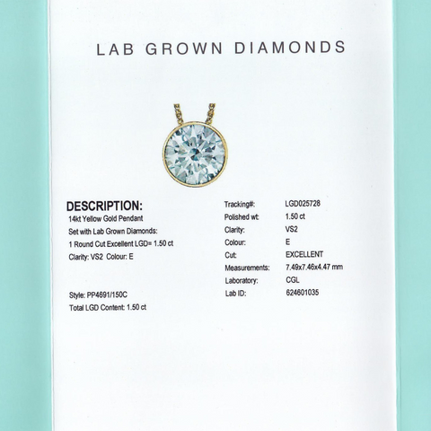 14kt Yellow Gold 1.50ct Round Bezel Setting Lab-Grown Diamond Pendant