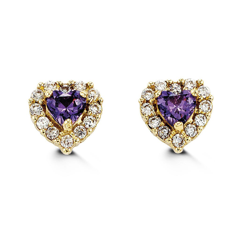 14kt Yellow Gold Children's Purple Cubic Zirconia Heart Stud Earrings