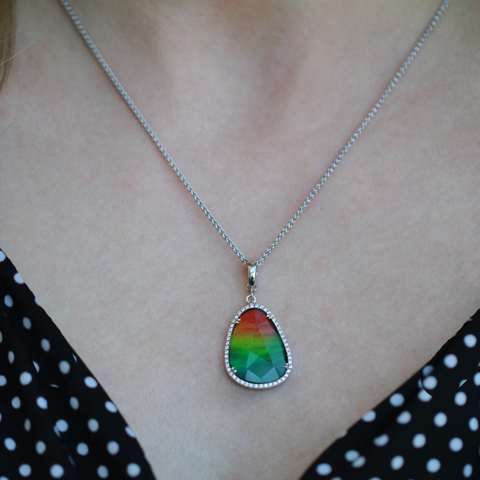 Sterling Silver Ammolite and White Topaz Halo Pendant