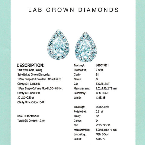 14kt White Gold 1.33cttw Lab-Created Pear Cut Diamond Halo Stud Earrings