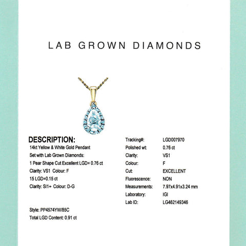 14kt Two Tone Gold 0.91cttw Lab-Created Pear Cut Diamond Halo Pendant