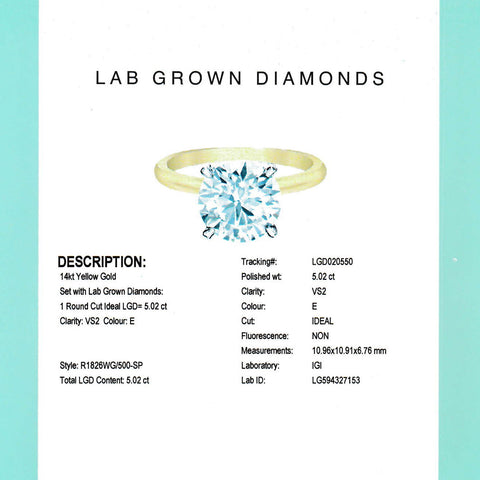 14kt Yellow Gold 5.02ct Lab-Created Round Diamond Engagement Ring