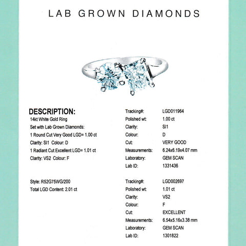 14kt White Gold Toi Et Moi 2.01cttw Lab-Grown Diamond Ring