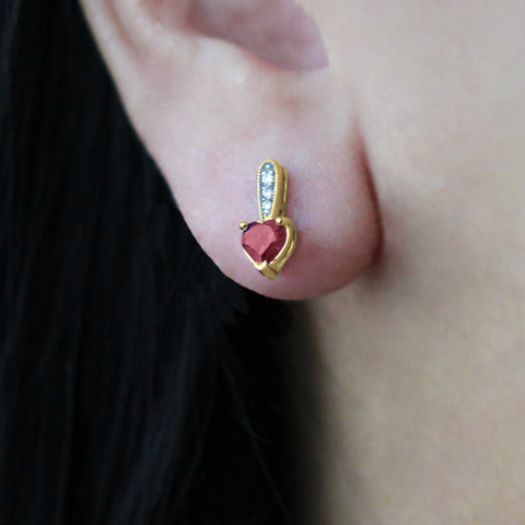 10kt Yellow Gold Heart Garnet And Diamond Earrings
