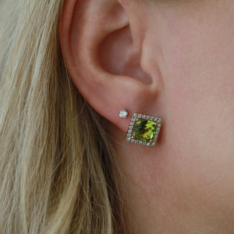 10kt Yellow Gold 4.48ct Cushion Peridot and Diamond Stud Earrings