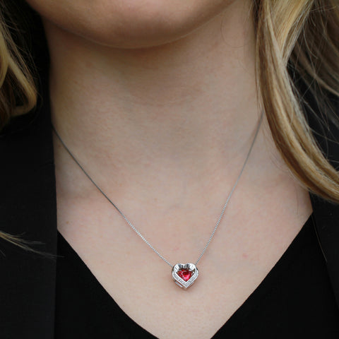 Sterling Silver Diamond And Created Ruby Heart Pendant