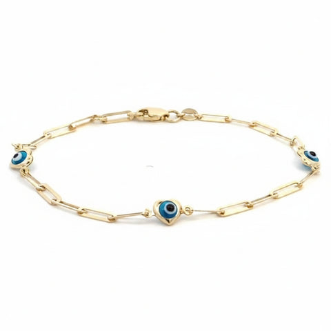 10kt Yellow Gold Blue Evil Eye Anklet 10-Inch Paperclip Chain