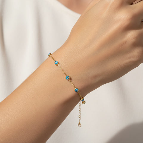 10kt Yellow Gold Blue Evil Eye Bracelet 7.5-Inch