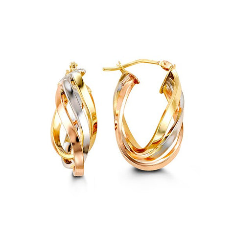 10kt White, Yellow, And Rose Gold Oval Hoop Earrings