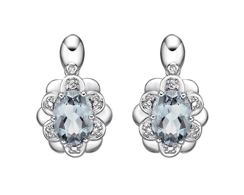 10kt White Gold Diamond and Oval Aquamarine Earrings