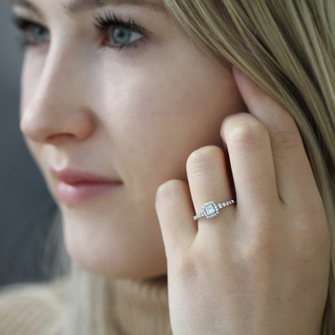 18kt White Gold 0.53cttw Princess Cut Canadian Diamond Center Halo Engagement Ring