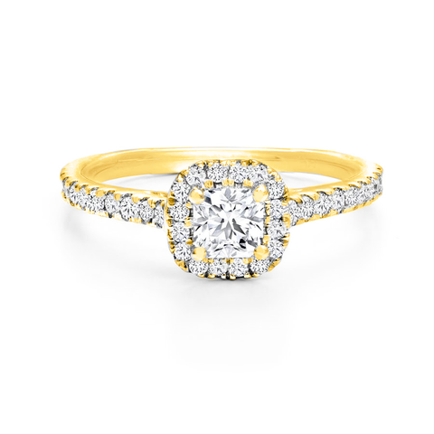 18kt Yellow Gold 0.82cttw De Beers Forevermark Round Center Cushion Halo Engagement Ring