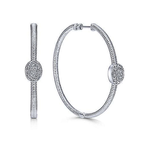 Sterling Silver Prong Set 40mm Round Classic Diamond Hoop Earrings