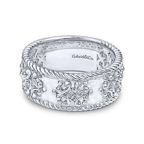 Sterling Silver Wide Band Ring with Twisted Rope and Diamond Accents