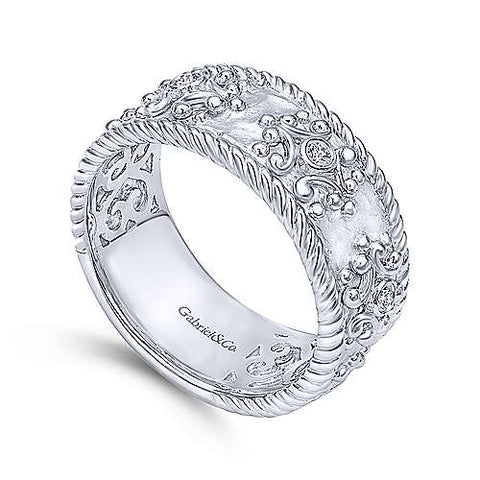 Sterling Silver Wide Band Ring with Twisted Rope and Diamond Accents
