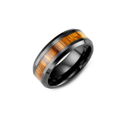 Beveled Koa Wood Ceramic Wedding Ring