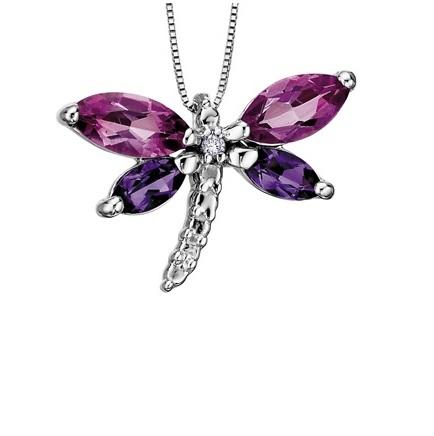 10kt White Gold Pink Topaz and Amethyst Dragonfly Pendant