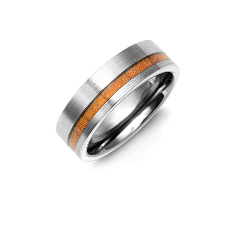 Brush Tungsten Off Center Koa Wood Wedding Ring