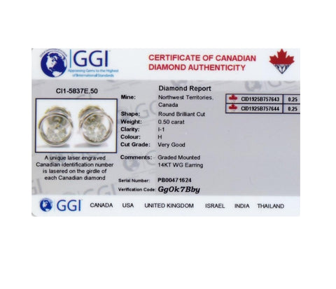 14kt White Gold 0.50cttw Canadian Diamond Stud Earrings