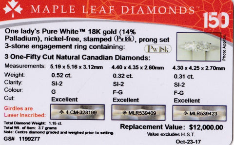 18kt White Gold 1.14cttw Three Diamond Ring