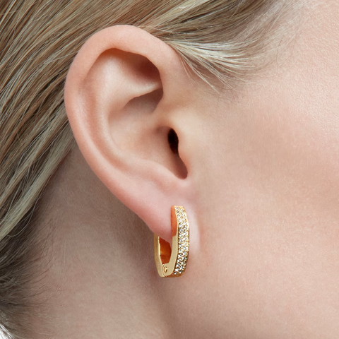Dextera Hoop Earrings Octagon Shape, Pavé, Small, White, Gold-tone Plated