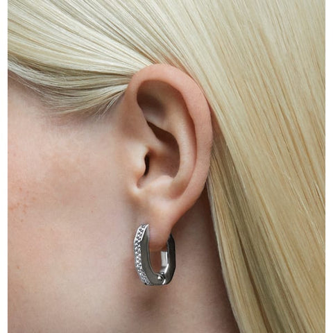 Dextera Hoop Earrings Octagonal, Small, White, Rhodium plated