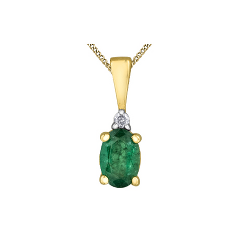10kt Yellow Gold Oval Emerald And Solitaire Diamond Pendant